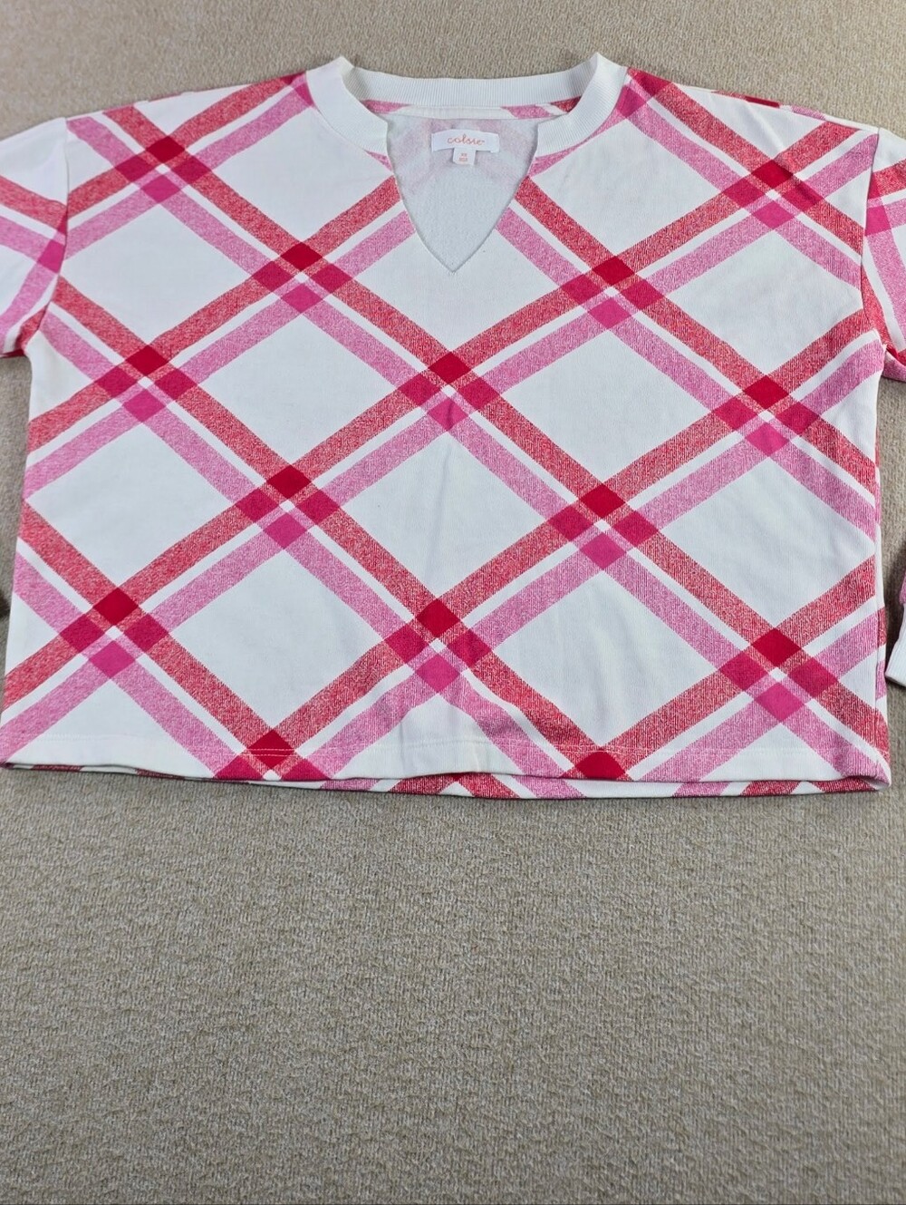 Colsie Womens XS Pink Plaid Pullover Sweatshirt V Neck Long Sleeve NWT